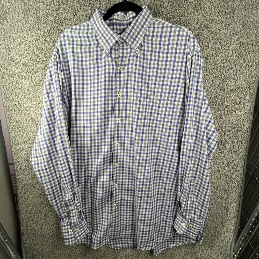 Peter Millar Mens Plaid Button Down Shirt 2XL Purple Gray Long Sleeve Cotton